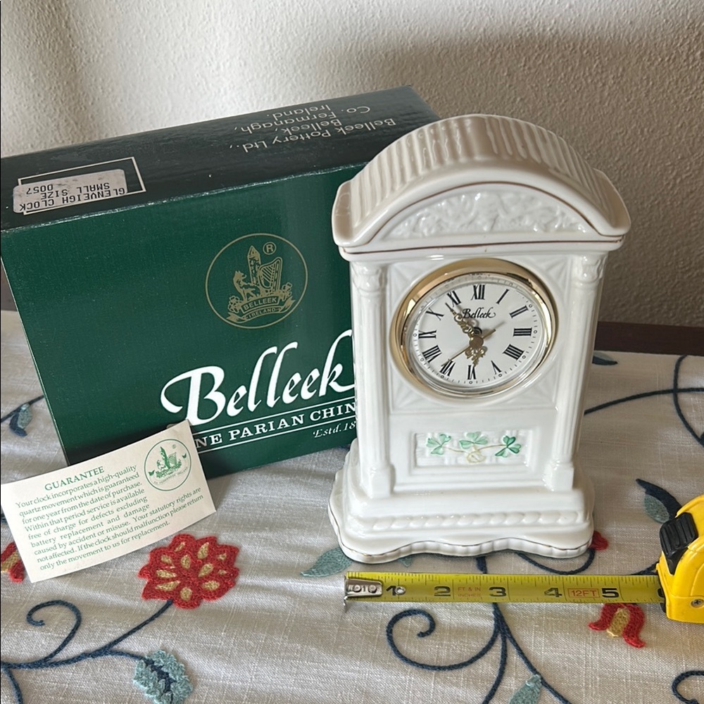Belleek Classic White and Green Mantel Clock